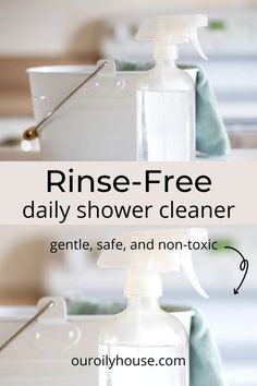 a bottle of hand sanitizer with the words rinse - free daily shower cleaner