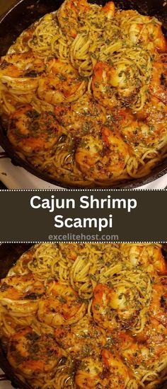 two pictures of shrimp scampi in a skillet with the words cajun shrimp scampi