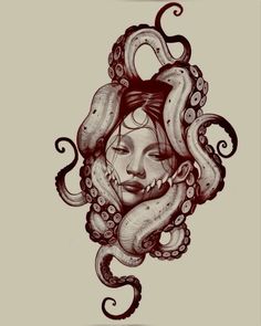 a drawing of a woman with an octopus on her head and tentacles around her neck