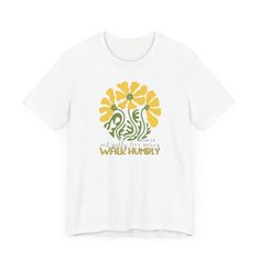 Embrace the powerful message of Micah 6:8 with our "Act justly, love mercy, walk humbly" Christian Shirt for Women, featuring a high-quality print of this scripture verse on a white shirt adorned with retro yellow daisies. Made from Bella Canvas cotton, this shirt beautifully blends style and faith, allowing you to express your Christian values with grace and conviction. ✔️High Quality Materials100% cottonClassic fitTear-away label ✔️Size chart:Our sizing is unisex TRUE TO SIZE FIT. When in doubt of your size, measure one of your shirts you like the fit of, then compare it to the size chart. ✔️ HIGH TECH PRINTING: We use top quality printing technologies, which create stunningly vibrant colors and sharp graphics. All of our shirts are printed in the USA. We will crop or mask your image for Inspirational White Shirt With Graphic Print, Love Mercy Walk Humbly, Teacher Notepad, Micah 6 8, Christian Values, Walk Humbly, Retro Yellow, Denim Hoodie, Candle Canvas