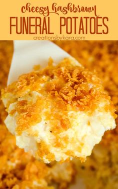 Creamy, cheesy, and topped with crunchy cornflakes, these CHEESY FUNERAL POTATOES are epic comfort food! There's a reason they are a Utah favorite - no one can resist this side dish! #funeralpotatoes #cheesyhashbrownpotatoes @Creations by Kara Sunday Side Dishes, Cheese Potato Casserole, Potatoe Recipes, Frozen Hashbrowns, Cheesy Potato Casserole, Frozen Potatoes, Sunday Dinners, Hashbrown Recipes, Cheese Potatoes