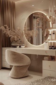 a white vanity with a round mirror above it