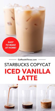 starbucks iced vanilla latte with instructions to make it at home and in the kitchen