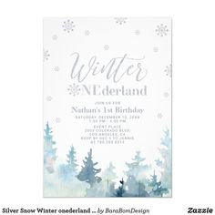 a winter wonderland birthday party with watercolor trees and snowflakes on the background