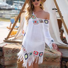 Product Details: Your bikini’s BFF V-neck Relaxed fit Floral design ONE SIZE Material: Acrylic, cotton Jojo Fletcher, Beach Dress Summer, Bikinis Crochet, Boho Chique, Summer Bathing Suits, Crochet Cover Up, White Bikinis, Fringe Trim, Romper With Skirt