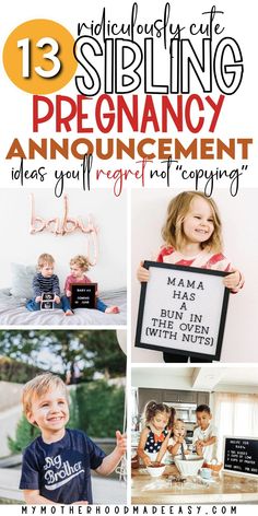 a collage of photos with the words sibling, pregnant and an announcement to their baby