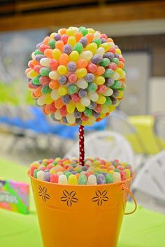 there is a potted plant made out of candy and candies on the table