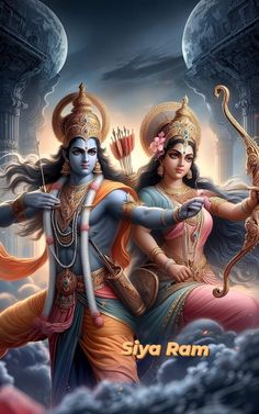 lord rama and his wife sit on the clouds with their arms outstretched in front of them