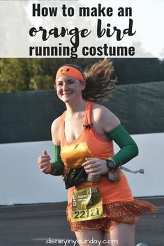 a woman running in an orange and green costume with text overlay reading how to make an orange bird running costume