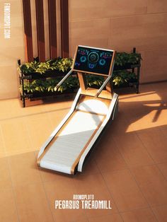 a futuristic device sitting on top of a tiled floor next to a planter filled with plants