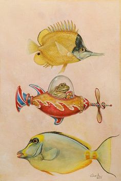 three different types of fish in watercolor on white paper with gold trimmings