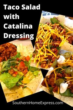 taco salad with catalina dressing and lettuce on tortilla breads