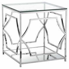 a glass and metal side table with an intricate design on the top, against a white background