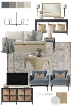 Coastal living room decor mood board with beige, blue and black tones throughout! This living room inspiration would be beautiful in a beach house or a lake home Havenly Living Room, Navy Living Rooms, Beige Living Rooms, Living Room Color Schemes, Neutral Living Room, Coastal Living Room, Transitional Living Rooms, Blue Living Room, Living Room Inspo