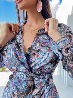 Women Boho Vintage Print Mini Shirt Dress Autumn Long Sleeves V-neck Bandage Elegant Women's Dresses Vestidos De Mujer Casual V-neck Top With Tie Waist For Party, Party Top With Tie Waist And V-neck, Party V-neck Top With Tie Waist, Fitted Printed V-neck Wrap Dress, Elegant V-neck Printed Wrap Dress, Neck Bandage, Dress Autumn, Elegant Dresses For Women, Mini Shirt Dress