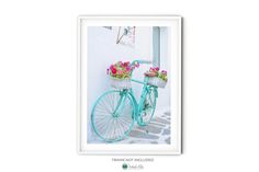 a blue bicycle with flowers in baskets on the front wheel is parked next to a white wall