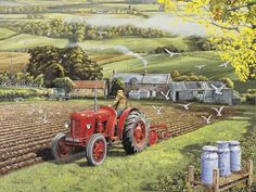 a painting of a farmer plowing the fields with his red tractor and silos