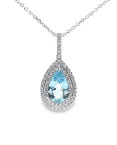 18K white gold necklace with round faceted diamonds weighing 0.38 carat total and one pear shaped aquamarine weighing 1.55 carats. * Can be worn 16 or 18 inches long. * Diamonds are G/H color, VS clarity. ✈️ Choose free shipping at checkout ☎️ Call 201-722-0216 with questions 🌈 Massoyan Jewelers since 1993 💭 Chat with us live! Bottom right corner of your screen Pear-shaped Blue Topaz Necklace, Blue Pear-shaped Diamond Necklace, White Gold Necklace, Women Anklets, Bridal Engagement Rings, White Gold Necklaces, Bridal Bands, Colorful Jewelry, Long Pendant Necklace