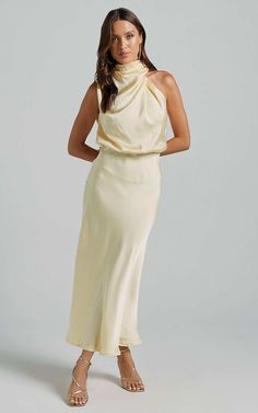 Minnie Midi Dress - Drape Neck Satin Slip Dress in Butter Yellow | Showpo USA Elegant Yellow Silk Slip Dress, Elegant Yellow Slip Dress For Evening, Elegant Yellow Evening Slip Dress, Elegant Yellow Satin Midi Dress, Elegant Yellow Dress With Ruched Bodice, Yellow Slip Dress, Slip Dress Satin, Yellow Dress Outfit, Satin Formal Dress