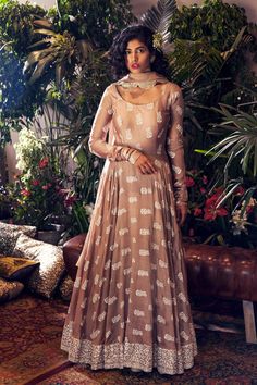 Bhumika Sharma - Beige Embroidered Anarkali Set - INDIASPOPUP.COM Bhumika Sharma, Purple Anarkali, Embroidered Jumpsuit, Happy Dresses, Embroidered Anarkali, Ruffle Gown, Simple Gowns, Anarkali Gown, Designer Jumpsuits