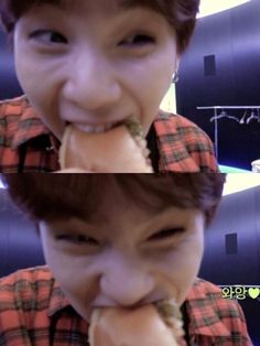 two pictures of a boy eating food with his mouth open and tongue hanging out to the side