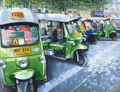 an oil painting of taxis and mopeds parked on the side of the road