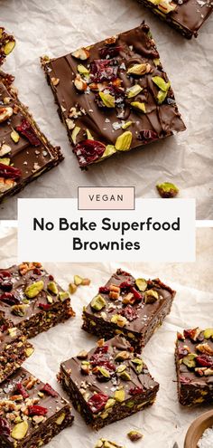 vegan no bake superfood brownies with chocolate and nuts on top