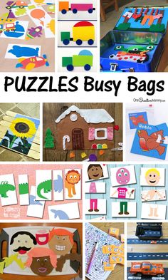 many different pictures of children's toys and crafts with the words puzzles busy bags