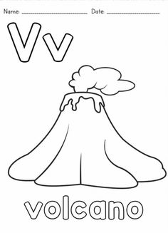 the letter v is for volcano coloring page with an image of a volcano on it