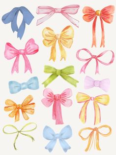 a bunch of different colored bows on a white background