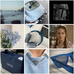 a collage of photos with blue accessories and flowers