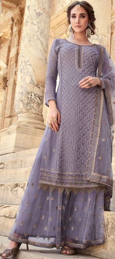 Purple and Violet color Salwar Kameez in Georgette fabric with Embroidered, Stone, Zari work Pakistani Sharara Suit, Pakistani Sharara, Designer Sharara Suits, Women Salwar Suit, Sharara Suit, Eid Collection, Pakistani Suits, Georgette Fabric, Embroidered Silk