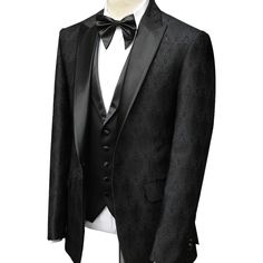 Package Includes: 1 x Jacket - 1 x Waistcoat - 1 x Pant

Experience an elevated level of confidence and sophistication with the custom textured black tuxedo, skillfully crafted to fit your distinct body shape using the most comfortable and durable fabrics and expert hand-stitching. Upgrade your formal wardrobe today by either purchasing the tuxedo as-is or personalizing it to your own style options to achieve a truly unique appearance.

 	Fabric: Jamawar
 	Lining Fabric: Silk
 	Pattern: Self Tex Tuxedo For Wedding, Butterfly Bow, Silk Pattern, Bespoke Suit, Tuxedo Wedding, Black Tuxedo, Peak Lapel, 3 Piece Suits, Fabric Silk