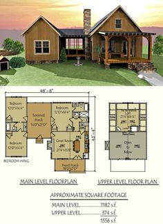 the floor plan for this small cabin home is very large and has two levels to each level