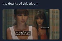 two women are talking to each other in front of a screen with the caption that reads, the duality of this album