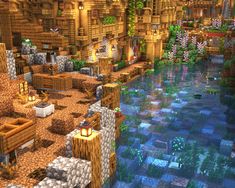 an image of a minecraft village with lots of plants and rocks on the ground