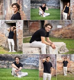 a collage of photos shows a man in black shirt and white pants leaning against a brick wall