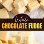 white chocolate fudges stacked on top of each other with the title overlay