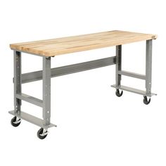 a workbench with wheels and a wooden table on the bottom one side is empty