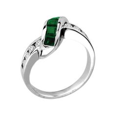 With striking elegance and subtle opulence, honor the one you love with this exquisite emerald and diamond ring. Fashioned in cool 14K white gold, this ring features an undulating wave of bright 2.6mm princess-cut green emeralds. Sparkling diamonds line the gracefully bypassing shank, completing this glamorous look. Radiant with 1/3 ct. t.w. of diamonds and polished to a lustrous shine, this ring is certain to delight the May birthday girl. Luxury Emerald Ring With Tension Setting For Formal Occasions, Elegant Emerald Ring For May Birthstone And Formal Events, Elegant Formal Emerald Ring For May Birthstone, White Gold Diamond Ring With Emerald Accent Stones, Fine Jewelry Emerald Ring With Tension Setting, Formal Emerald Ring With Tension Setting, Elegant Emerald Cut Channel Set Ring, Luxury Formal Emerald Ring With Channel Set, Formal Emerald Ring With Tension Setting For May Birthstone