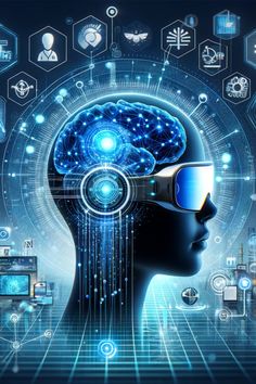 a person's head with futuristic glasses and icons surrounding it