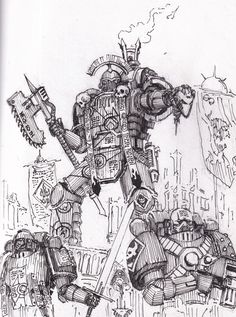 a drawing of a giant robot standing in the middle of a city