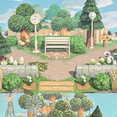 an animated landscape with a bench, trees, flowers and other things in the background