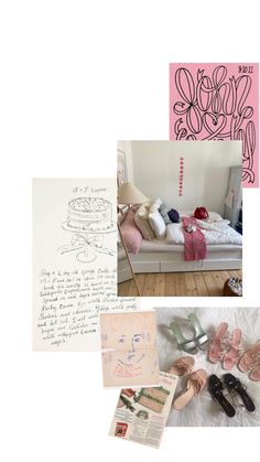 a collage of photos with shoes and papers on the floor in front of a bed