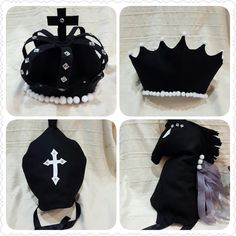 four different pictures of a black crown with pearls and beads on the sides, one has a cross at the top