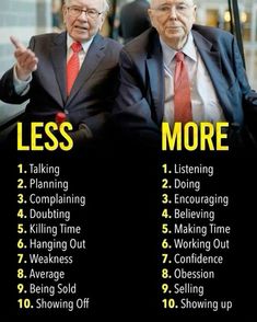 two men in suits sitting next to each other with the words less more on them