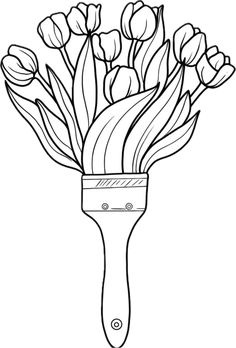 a black and white drawing of flowers in a paintbrush