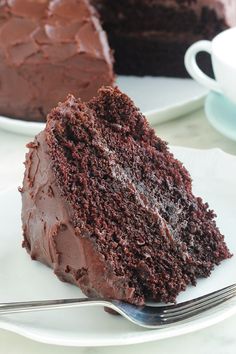 a slice of chocolate cake on a plate with a fork