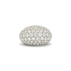 A wide bombé ring is pavé set with a total of approximately 5.75 carats of round diamonds mounted in platinum with French hallmarks. Circa 1950s. Oval White Gold Dome Ring With Pave Setting, Formal Wide Band Dome Ring With Diamond, Domed White Gold Diamond Ring, Diamond White Dome Ring With Pave Setting, Domed Diamond Ring In White Gold, Fred Leighton, Ring Style, Pave Diamonds, Beautiful Rings