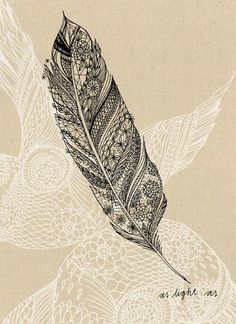 a black and white drawing of a bird's feather on a beige paper background